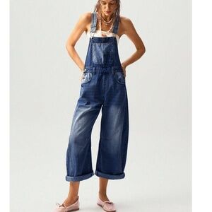 Boho Dark Wash Paisley print Button Wide Leg Denim Bib Overalls